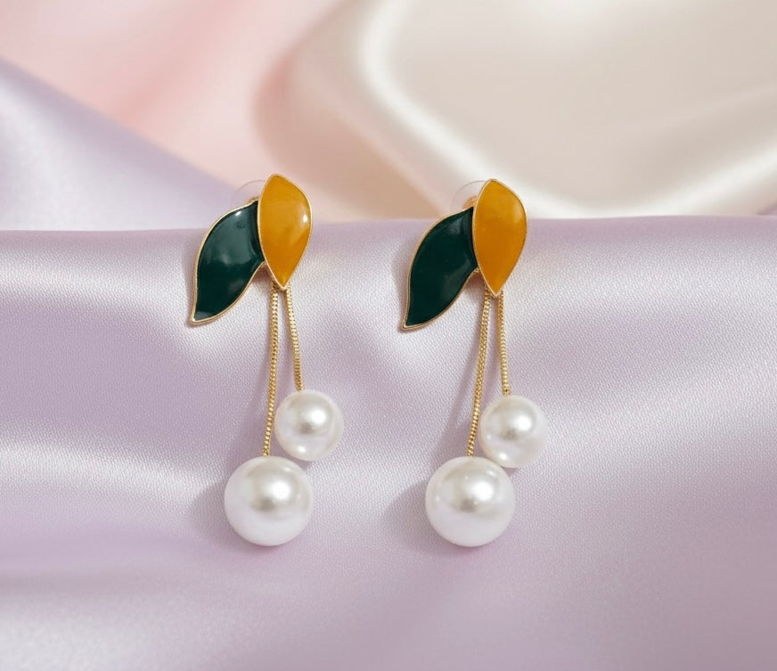 Dual Enamel Leaf Pearl Drop Earrings