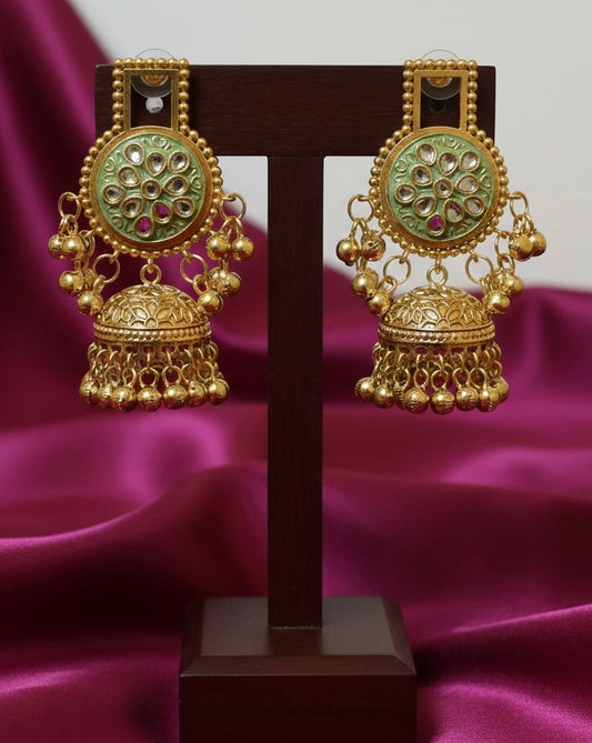Royal Kundan Meenakari Gold Jhumka – Green & Ruby Traditional Earrings