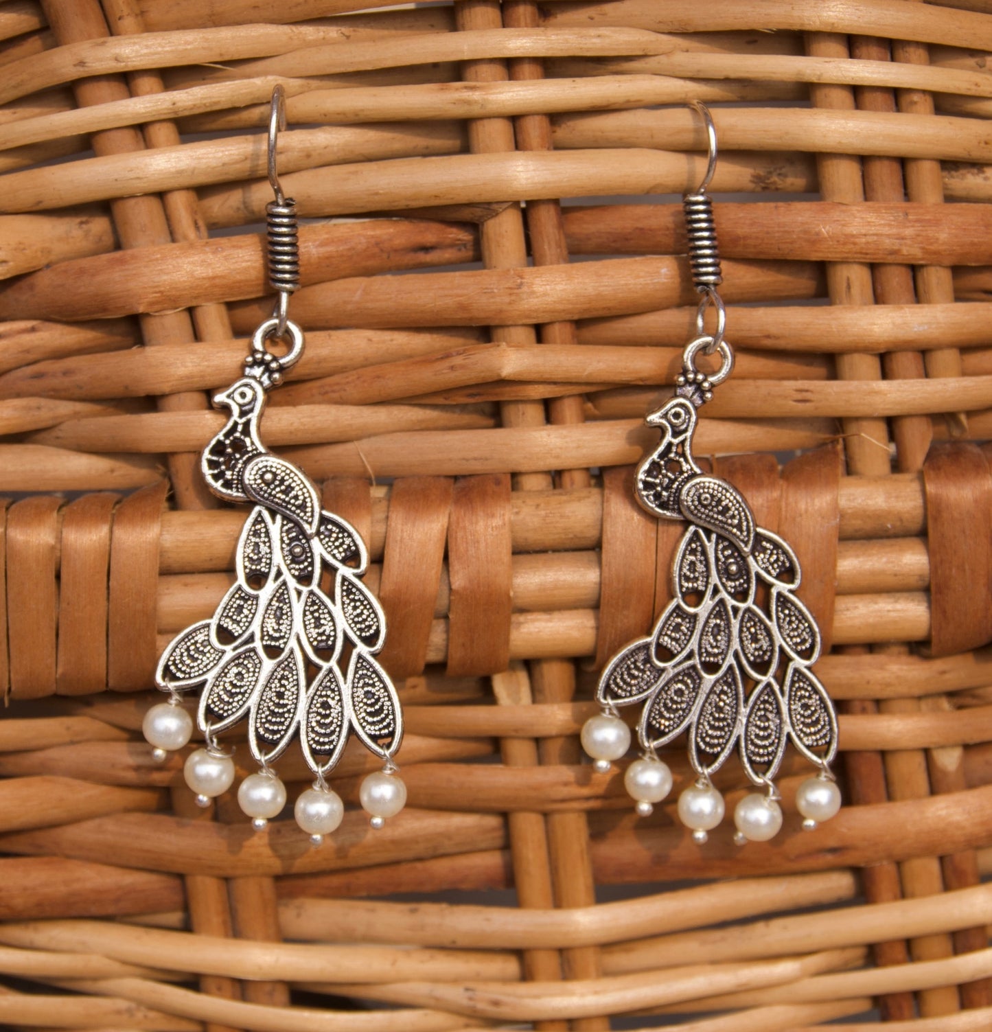Oxidised Peacock Drop Earrings with Beads