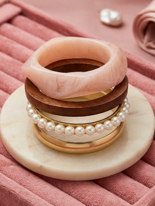 Blush Marble Resin & Walnut Bangle Stack | Pearl Bead & Domed Gold Cuff Set (Set of 4)