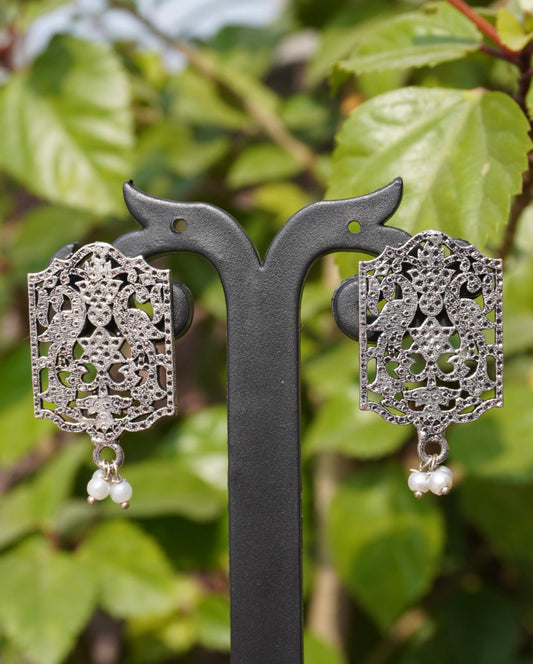 Silver-Tone Peacock Motif Filigree Pearl Drop Earrings