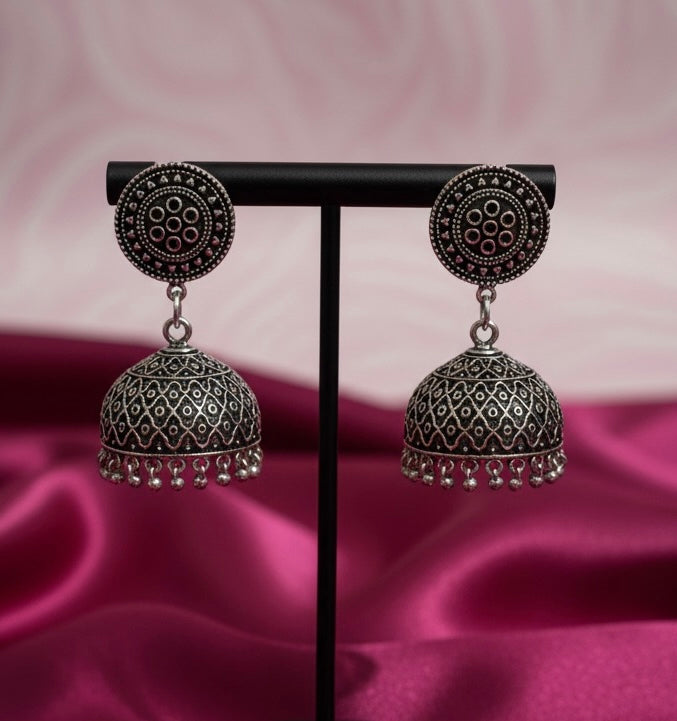 Oxidized Silver Mandala & Bell Jhumka Earrings