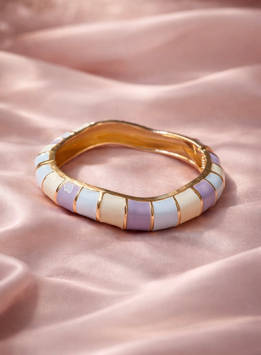 Pastel Mosaic Enamel Bangle – Gold-Toned Hinged Bracelet in Lavender, Mint & Cream