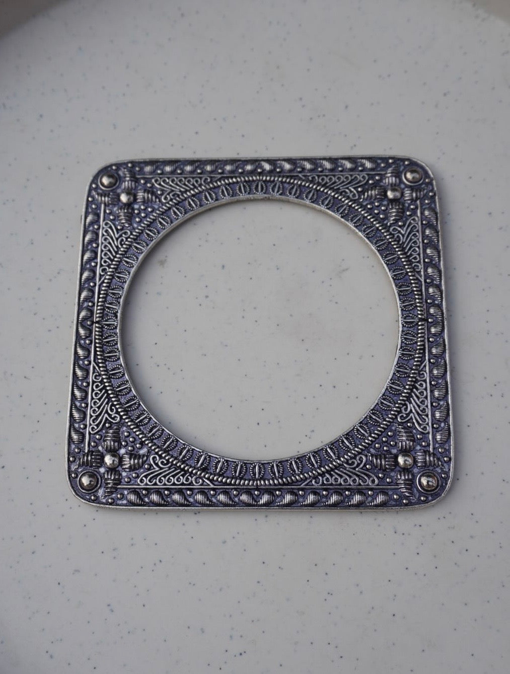 Architectural Square Thin Sleek Kada – Oxidized Silver Geometric Bangle with Intricate Tribal Engravings