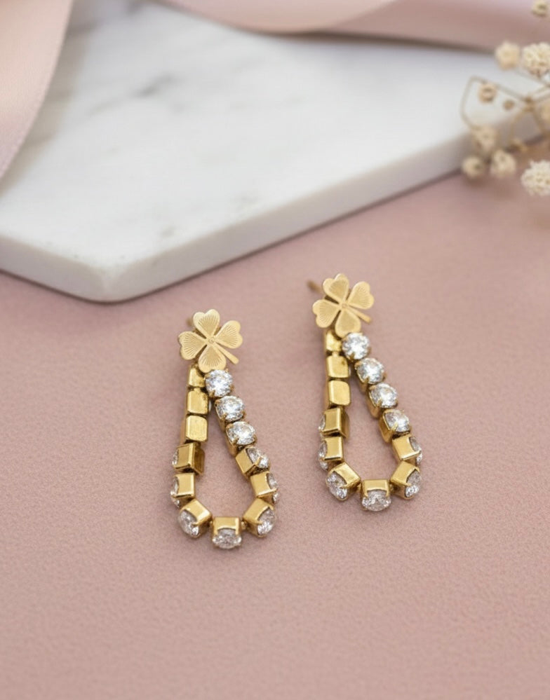 Gilded Clover & Rhinestone Teardrop Earrings – Petite Crystal Halo Drops