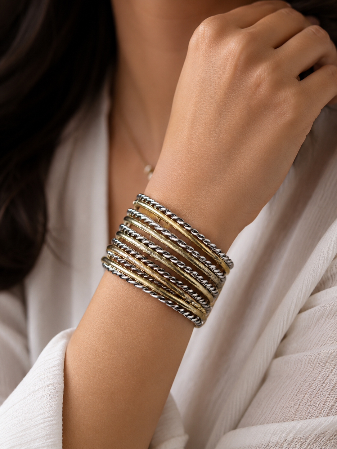 Two-Tone Twisted Rope & Hammered Bangle Stack