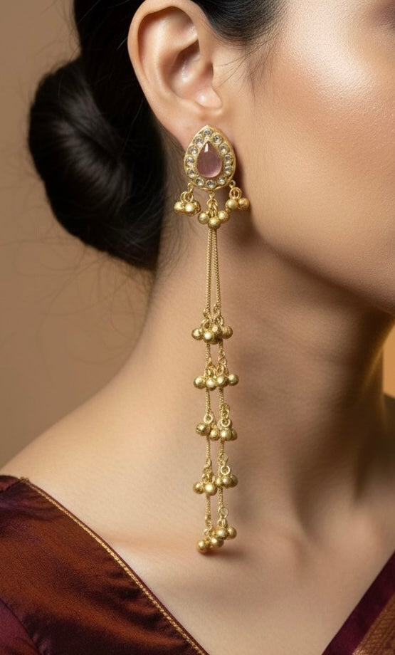 Regal Emerald Drop & Ghungroo Cascade Kashmiri Jhumka Earrings