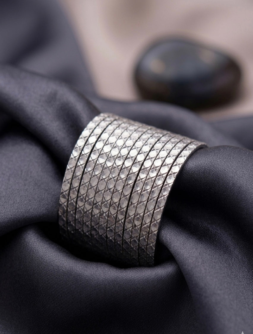 Diamond-Cut Shimmer Bangle Set – 12-Piece Oxidized Silver Textured Stacking Bracelets