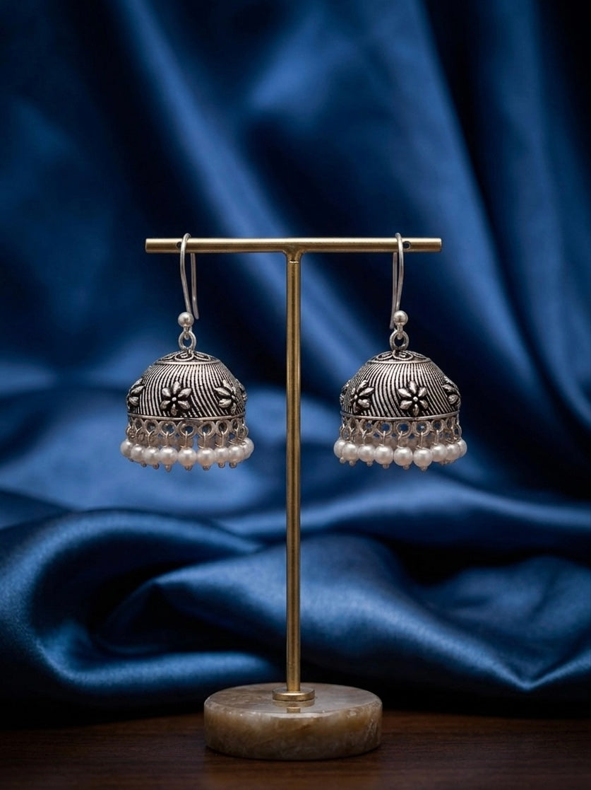 Oxidized Silver Jhumka Earrings with Delicate Pearl Drops