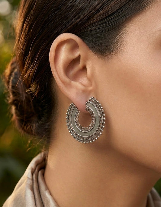 Silver Filigree C-Hoops | Antiqued Tribal Crescent Post Earrings with Scalloped Edge