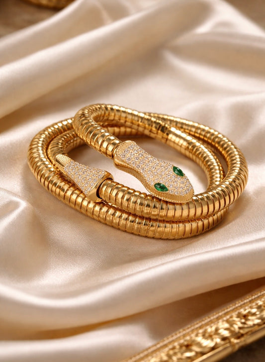 Serpent Pavé Wrap Bangle – Emerald-Eyed Snake Statement Bracelet in Gold