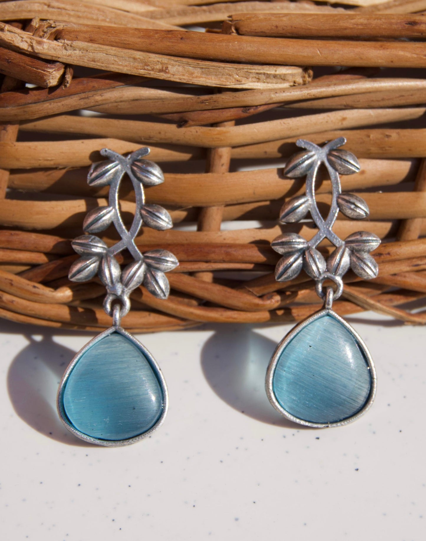 Pink Teardrop Oxidised Silver Leaf Drop Earrings