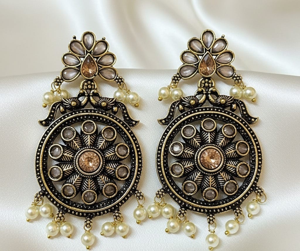 Antique Oxidised Gold Pearl Earrings | Ethnic Stone Statement Jewellery for Wedding & Festive Wear