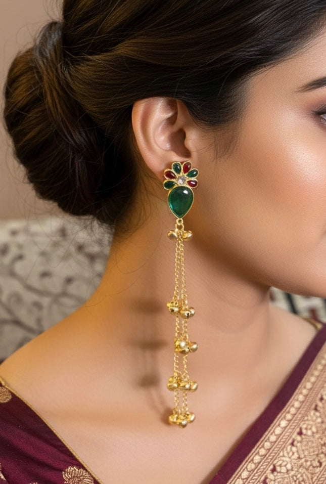 Elegant Short Length Kashmiri Jhumka Drops – Red & Green Stone Dangler Earrings