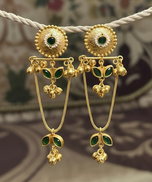 Zubaida Floral Gold Dangles – Traditional Green Stone & Pearl kashmiri Earrings