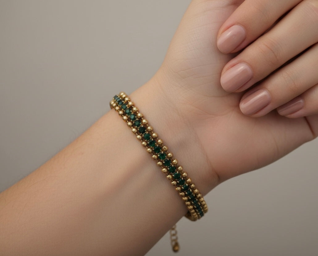 Empress Triple-Row Emerald Bracelet – Gold Beaded Strand with Green Crystals