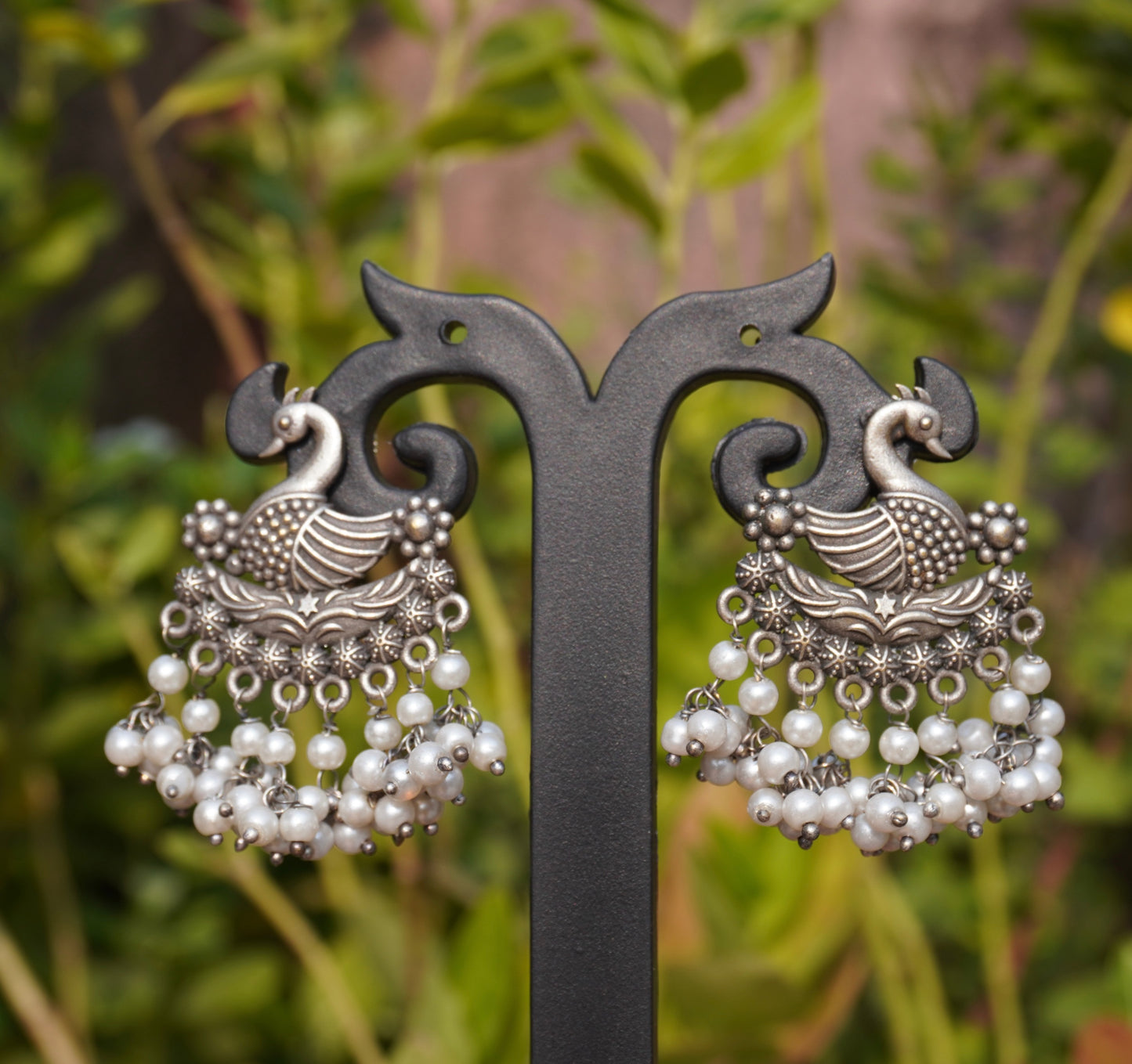 Oxidized Silver Peacock Dangler Earrings with Pearl Clusters