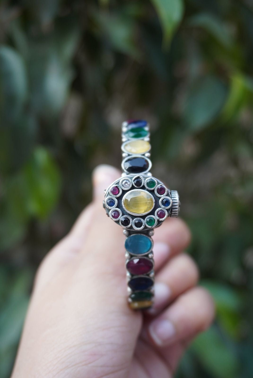 Royal Navratna-Inspired Multi-Stone Bracelet – Oxidized Silver Vintage Statement Kada