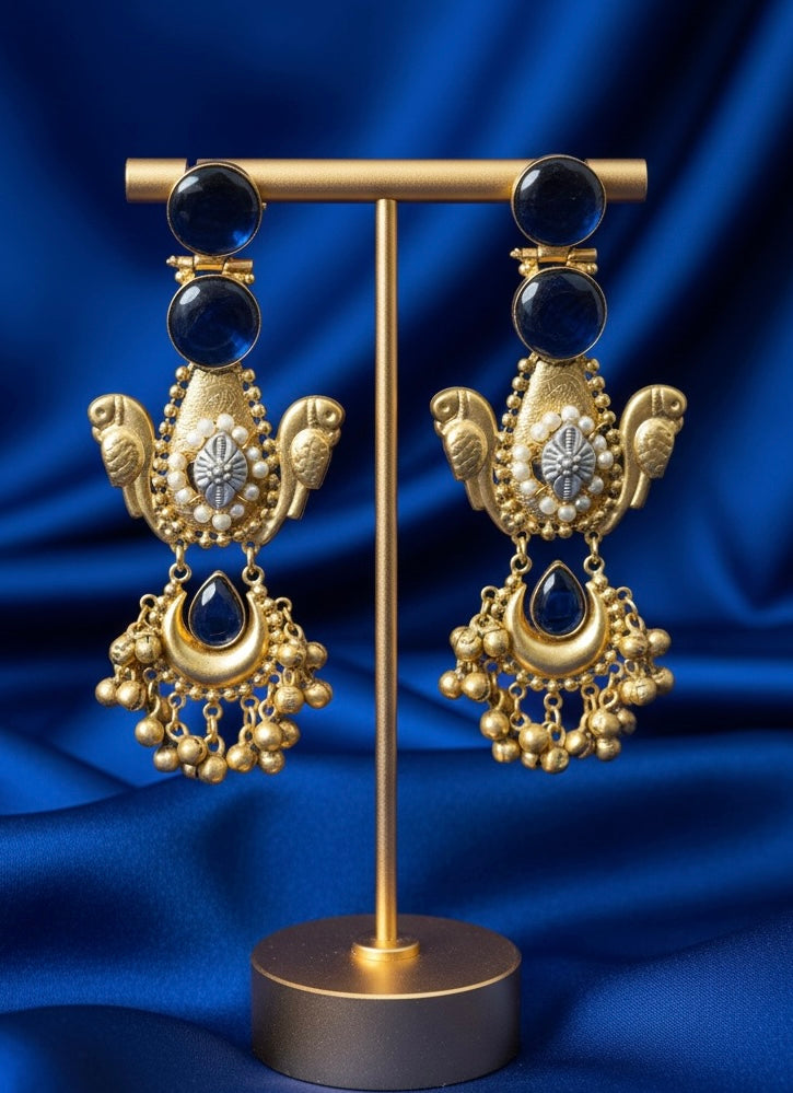 Royal Kashmiri Peacock Motif Blue Stone Jhumka – Handcrafted Statement Earring