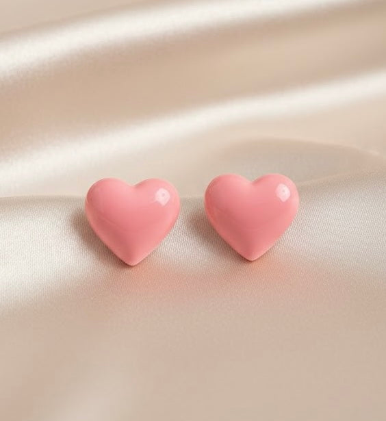 3D Matte Pink Heart Stud Earrings