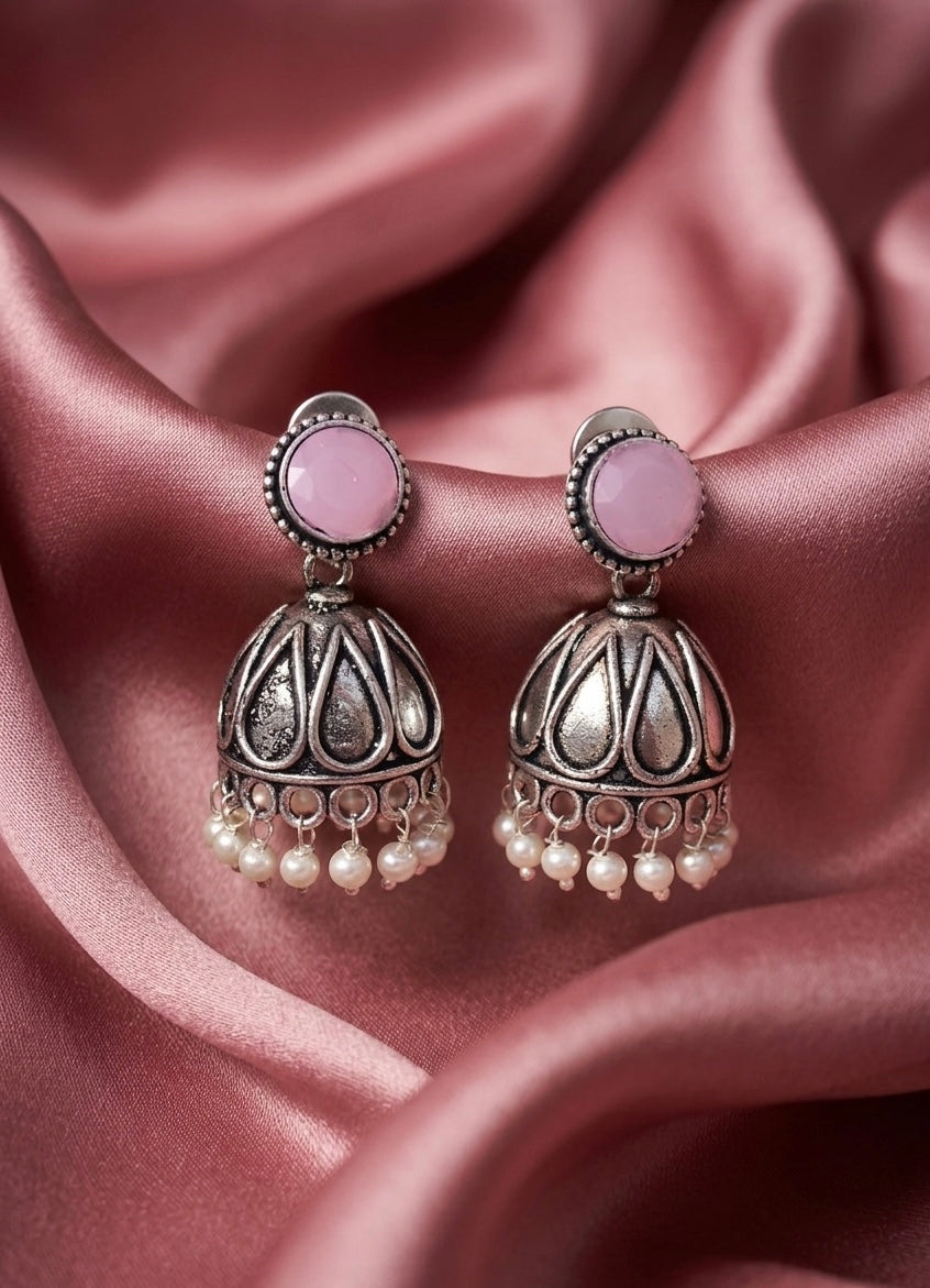 Pastel Pink Stud Oxidized Jhumka Earrings