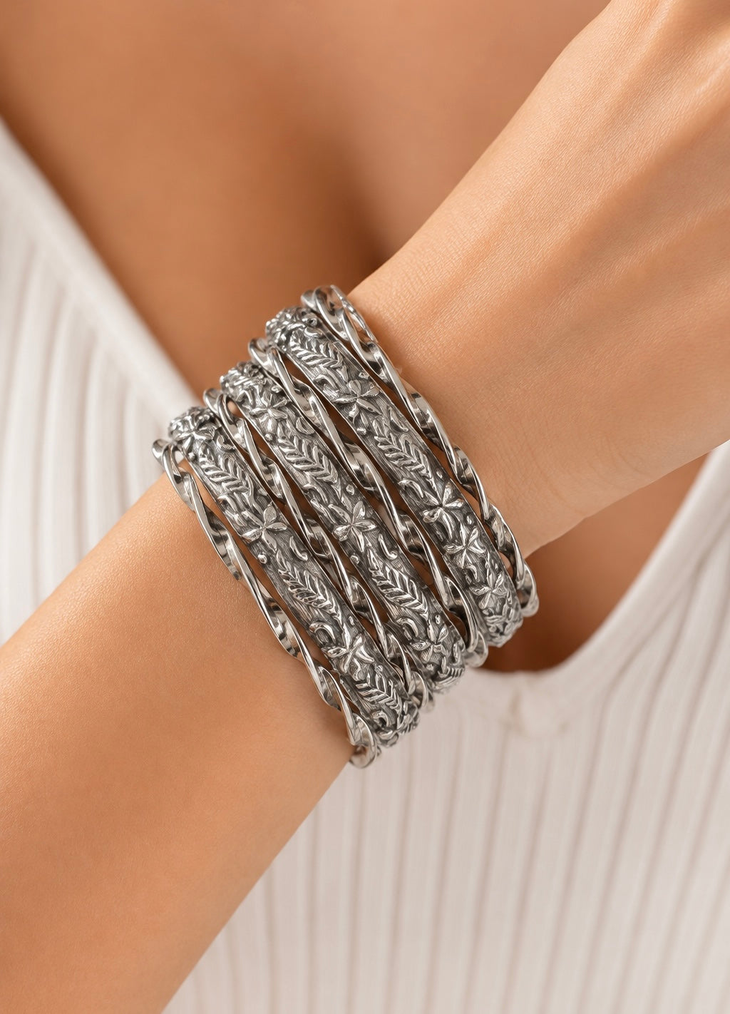 Engraved Leaf Bangles | Vintage Bangles Stacking Set