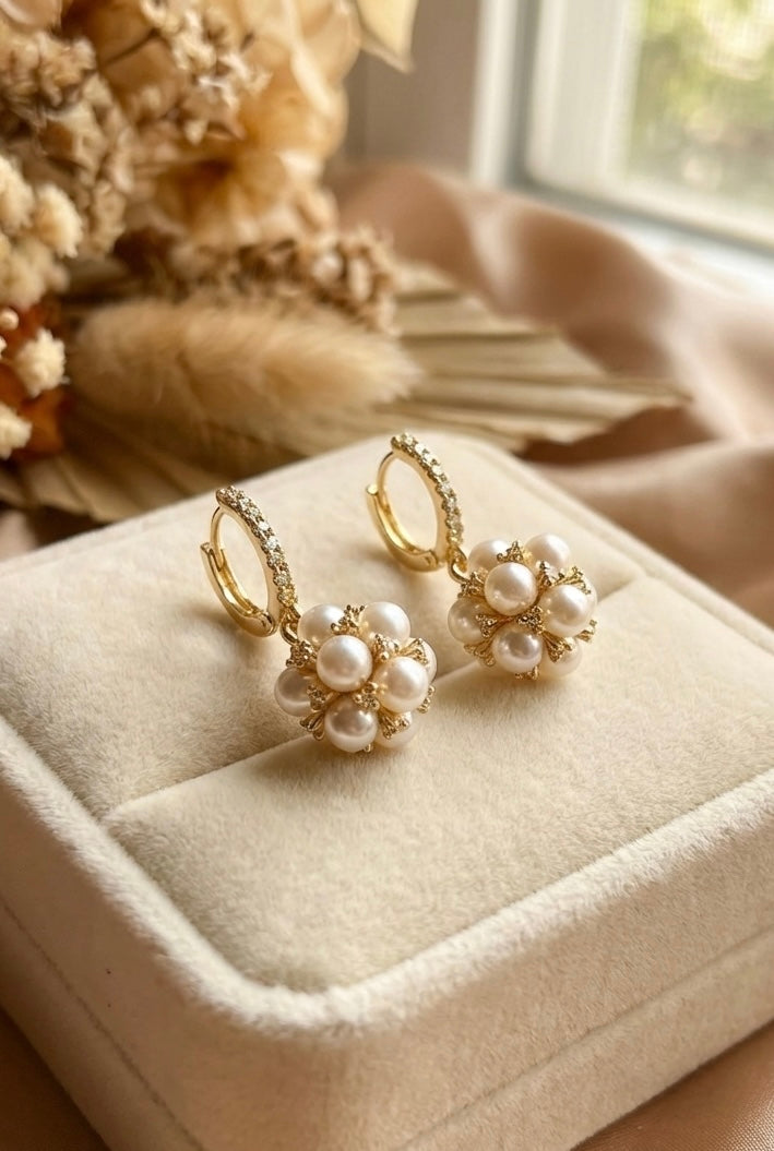 Pearl Cluster Ball Drop Earrings with Crystal Hook – Elegant Gold Finish