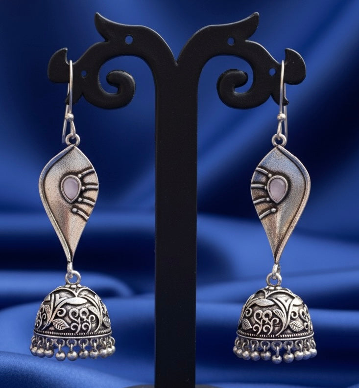 Boho Chic Oxidized Silver Tone Jhumkas with Intricate Floral Carving