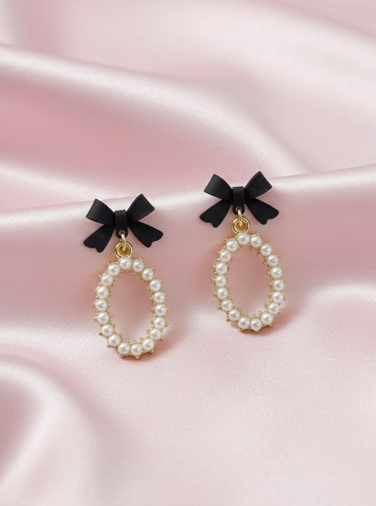 Black Bow Tie & Pearl Wreath Dangle Earrings | Chic Minimalist Drop Jewelry