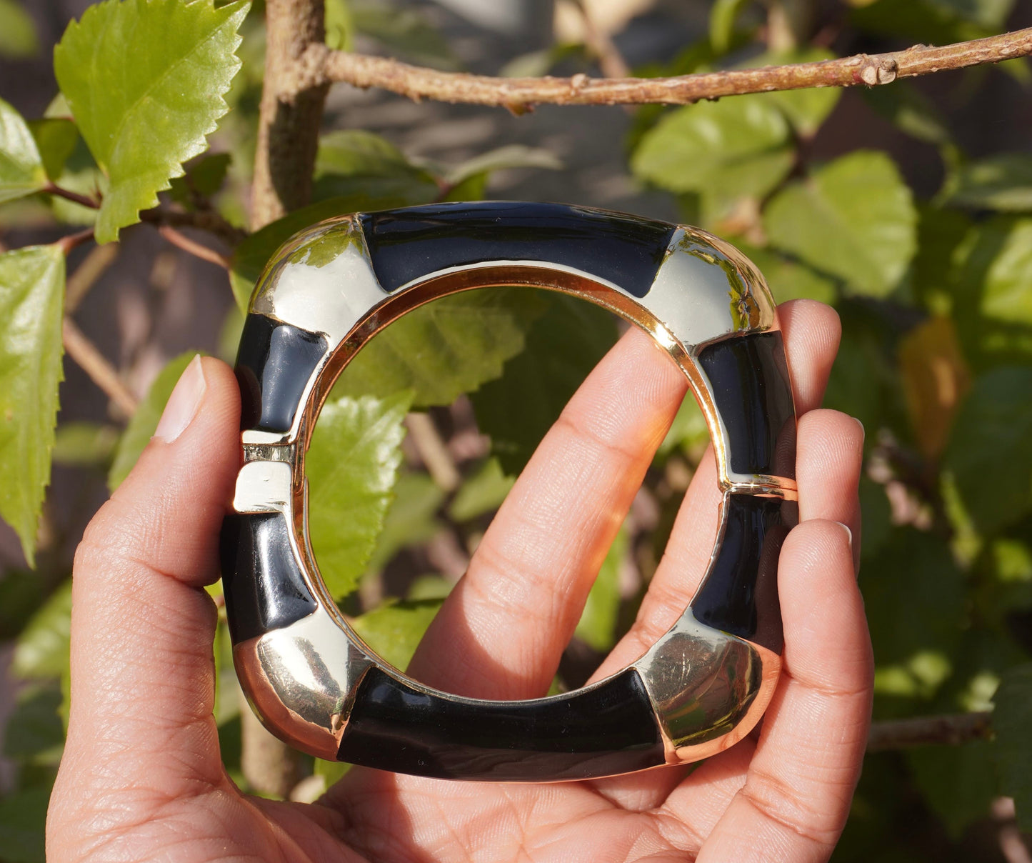 Onyx & Gold Architectural Cuff – Bold Black Enamel Hinged Bracelet