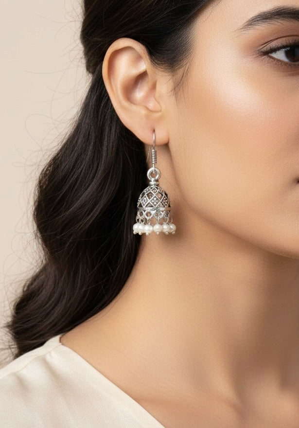 Ethnic Elegance Trio – Oxidized Silver Jhumka, Turquoise Drops, and Pearl mini Jhumki