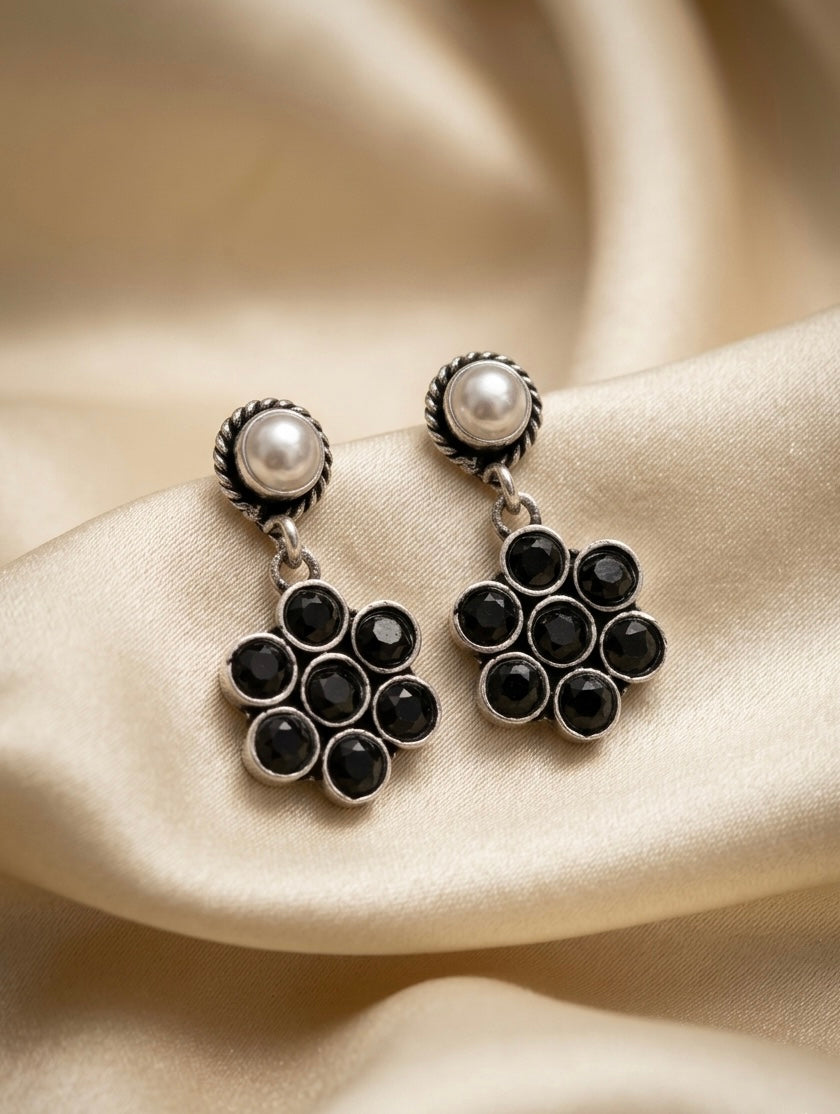 Midnight Blossom Pearl Drops – Oxidized Silver Floral Earrings with Black Stone Inlays