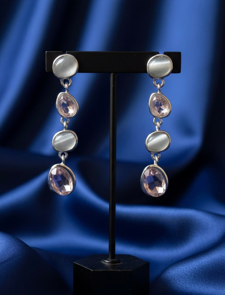 Aurora Quartz & Cat Eye Gemstone Drop Earrings | Silver-Tone Cascade Dangles