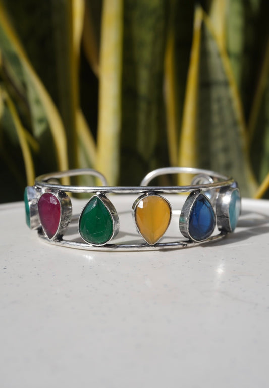 Teardrop Open Cuff – Multi-Color Jewel Stone Split Band Bangle in Textured Silver
