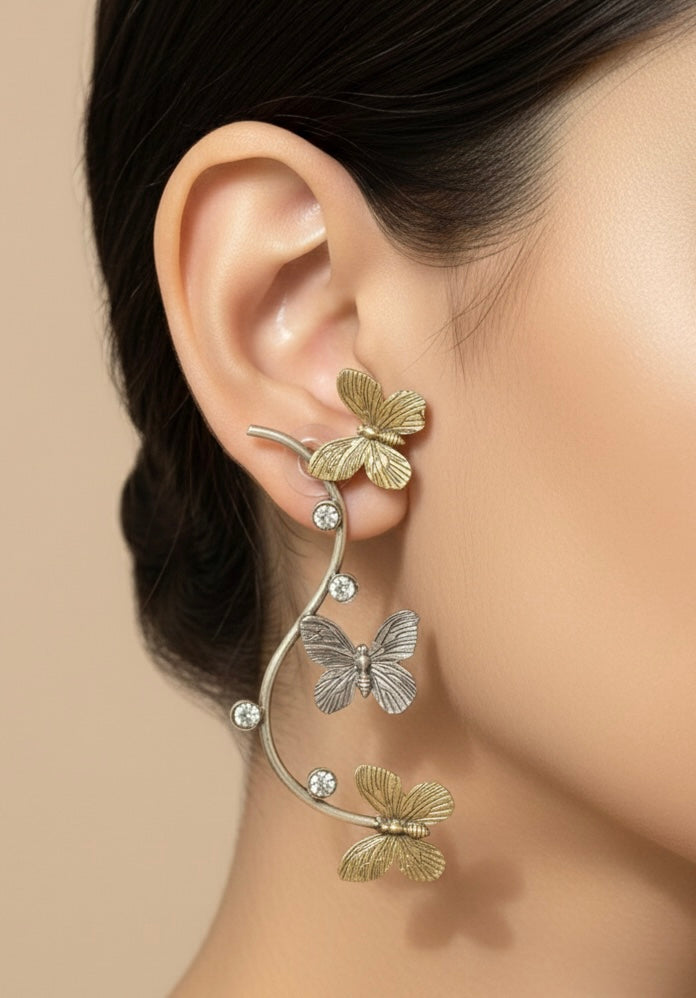 Dual Tone Butterfly Vine Earrings - Crystal Accented Ear Climbers