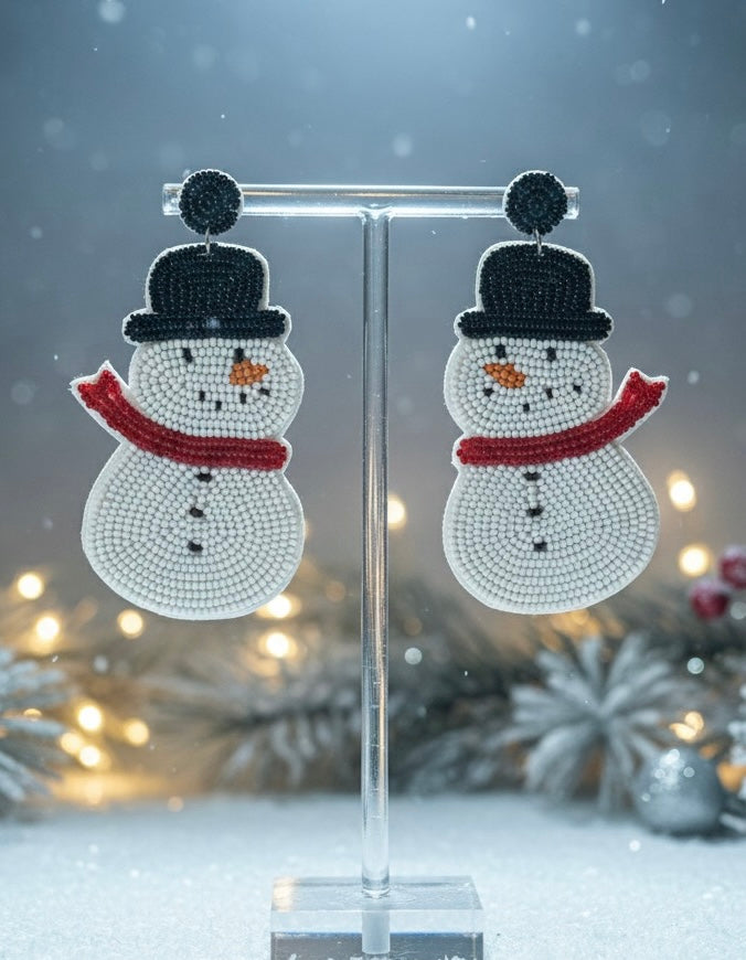 Handmade Christmas Snowman Seed Bead Dangle Earrings