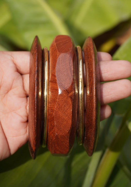 Polished Wood & Gold-Tone Bangle Stack | Sculptural Earthy Statement Cuff Set