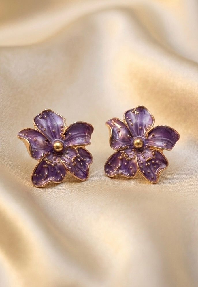 Purple Bloom Enamel Stud Earrings – Elegant Floral Statement Studs