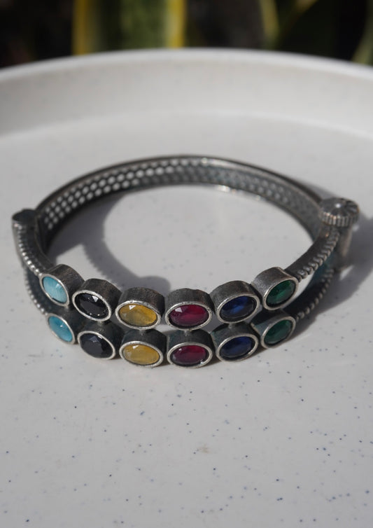 Navratna-Inspired Multi-Stone Dual-Rail Bangle – Vibrant Colored Stone Statement Kada in Oxidized Silver