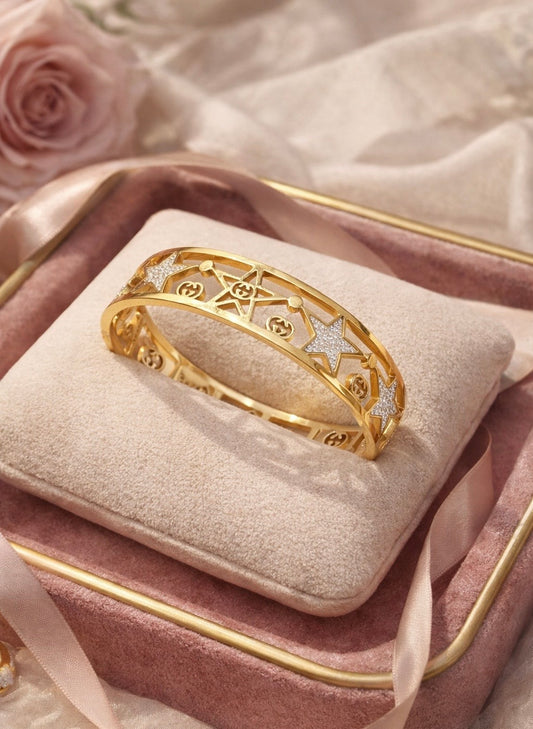 Celestial Star Pavé Gold Bangle – Designer-Inspired Cut-Out Statement Bracelet