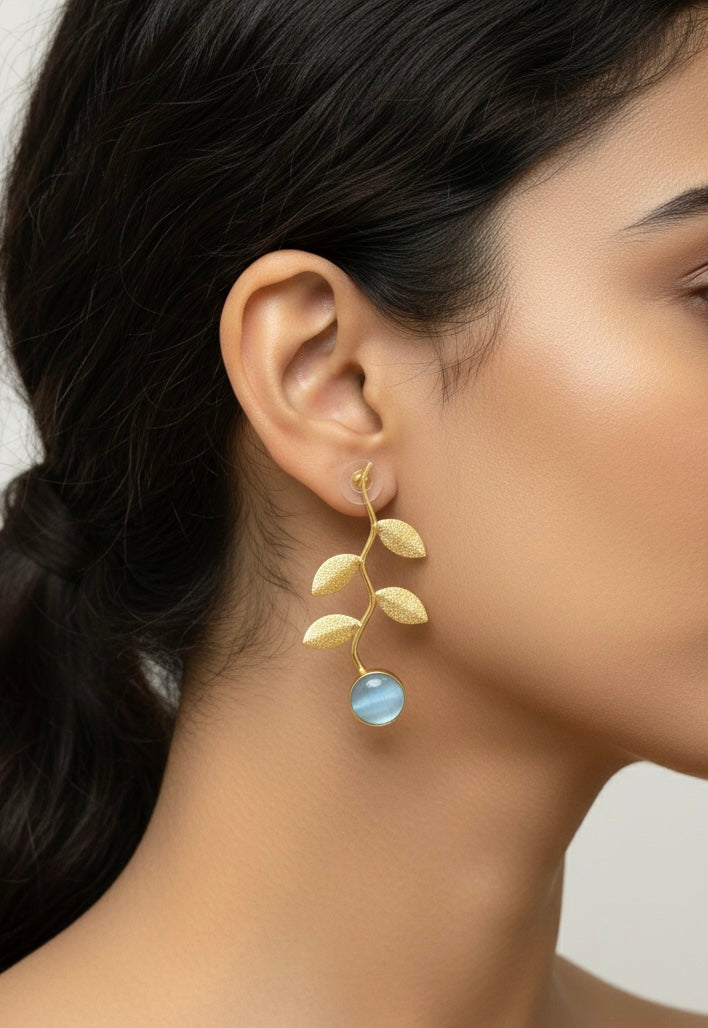 Azure Dewdrop & Laurel Leaf Earrings – Textured Gold-Tone Botanical Drops