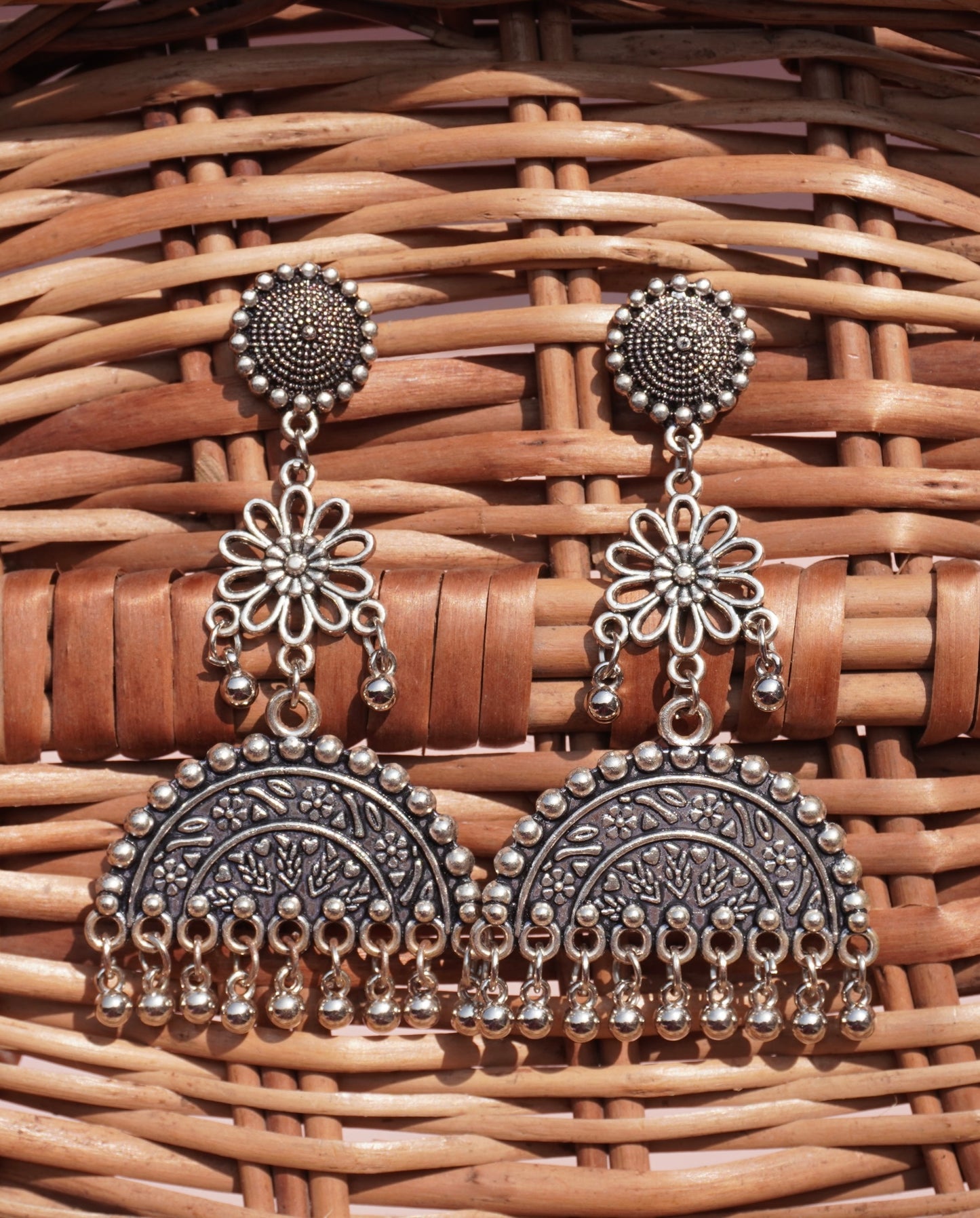 Vintage Oxidised Floral Jhumka Earrings with Beaded Danglers