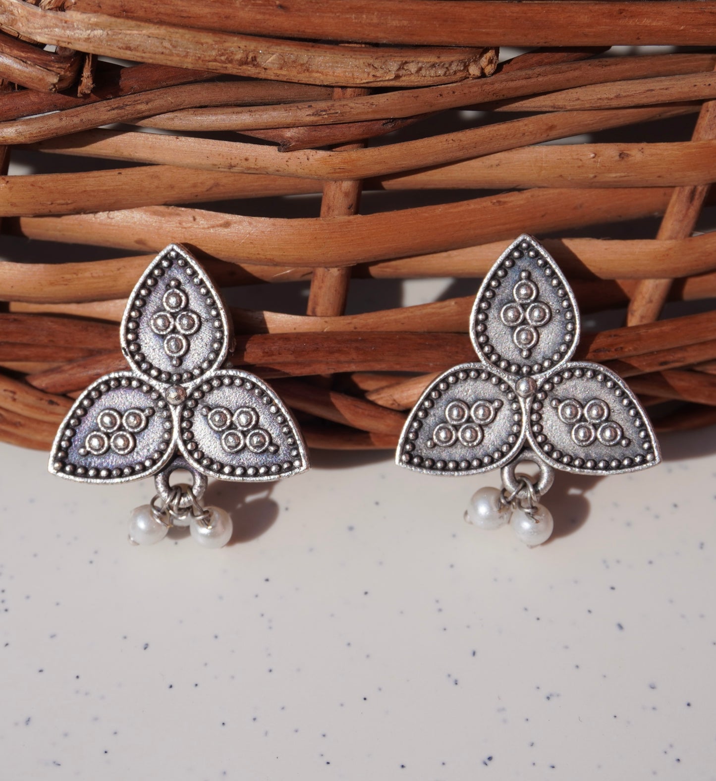 Trinity Leaf Oxidised Silver Stud Earrings with Pearl Drops
