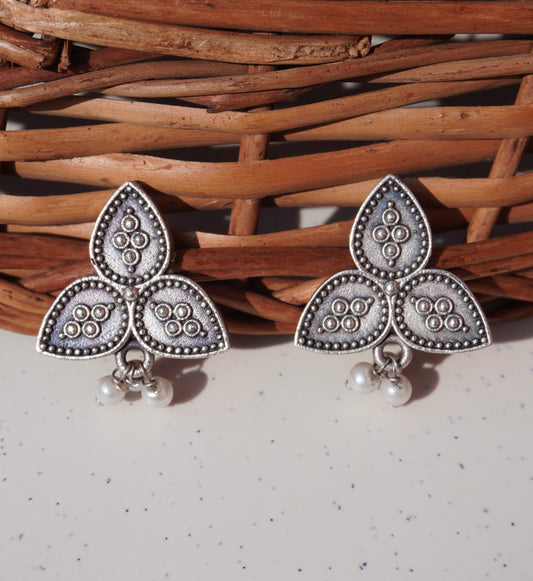 Trinity Leaf Oxidised Silver Stud Earrings with Pearl Drops