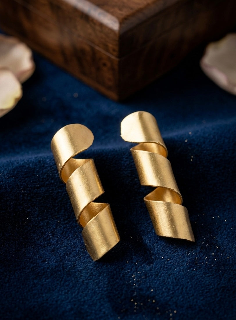 Matte Gold Spiral Ribbon Earrings | Architectural Geometric Statement Studs