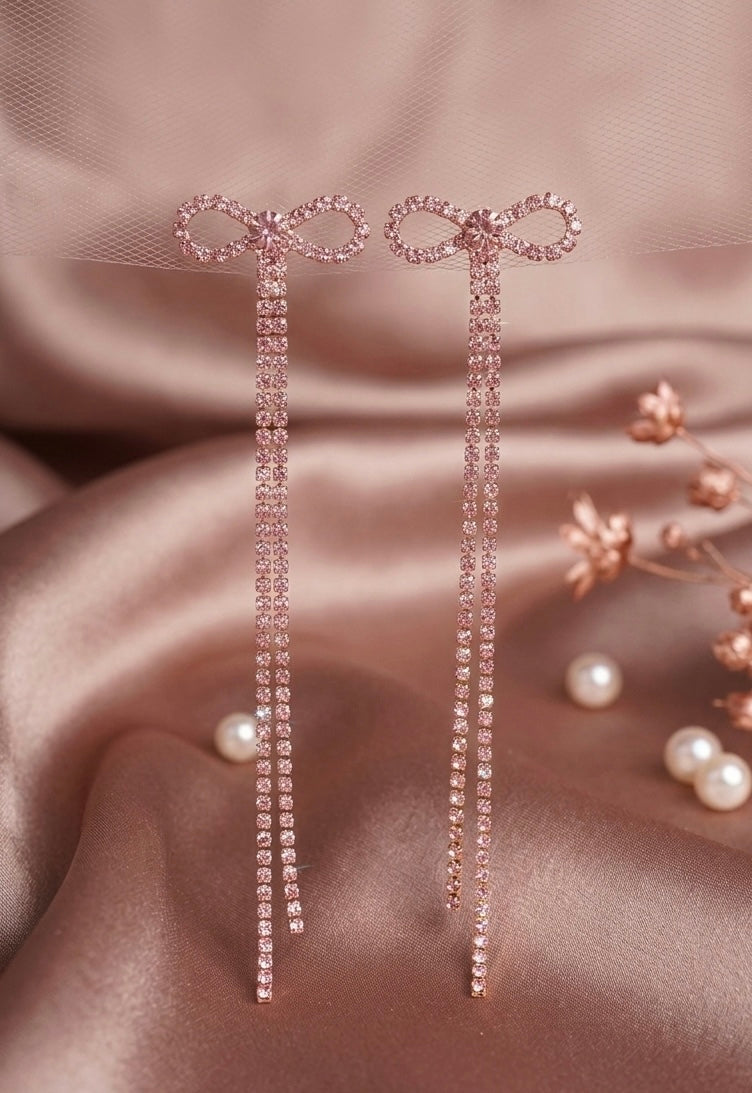 Pink Crystal Bow Shoulder Dusters | Rose Gold Rhinestone Tassel Drop Earrings