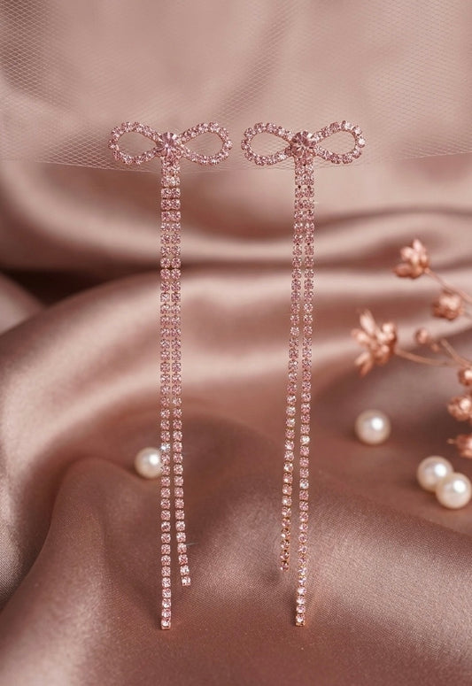 Pink Crystal Bow Shoulder Dusters | Rose Gold Rhinestone Tassel Drop Earrings
