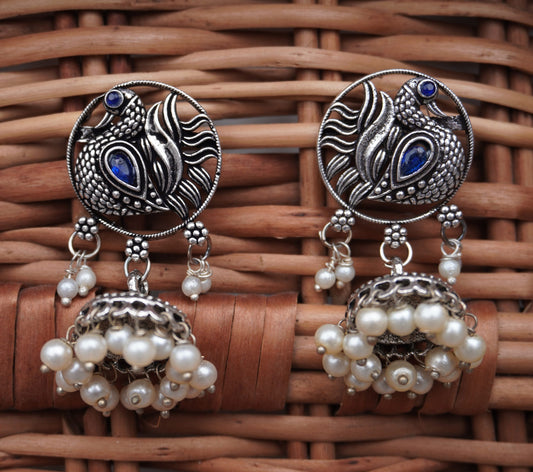 Oxidized Silver Peacock Jhumka Earrings with Pearl Drops