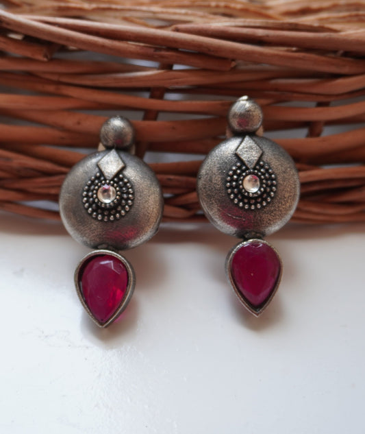 Oxidized Silver Stud Earrings with Stone Drop
