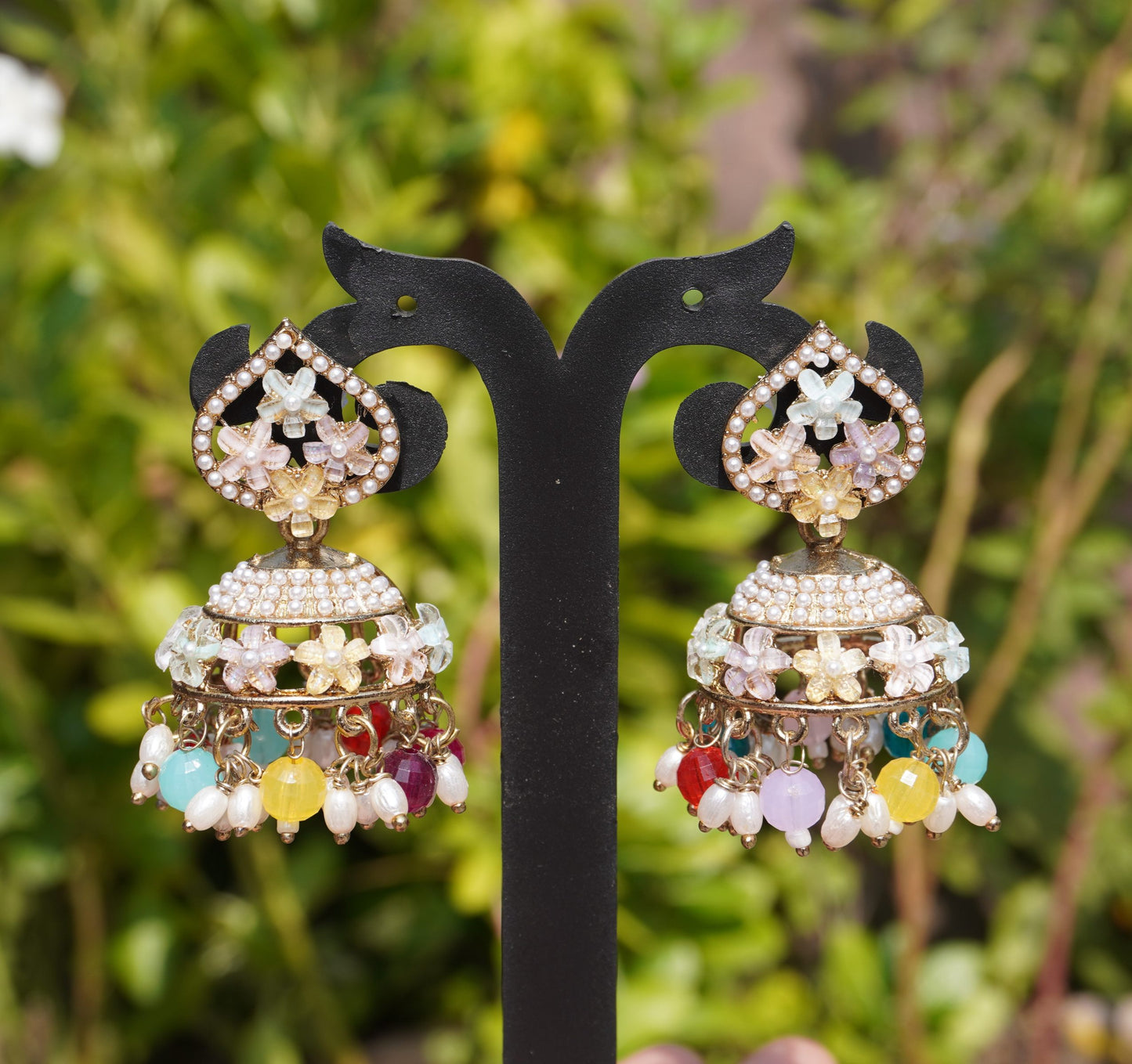 Pastel Multi-Color Beaded Jhumka Earrings with Kundan & Pearls